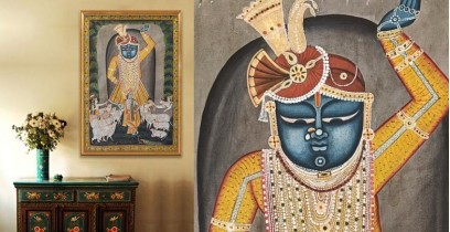 Banwari . बनवारी ☙ Pichwai Painting ☙ Shrinathji Virat Swaroop Pichwai With Gwal Krishna And Cows In Antique Finish { 2 x 3 ft. } ~ 8